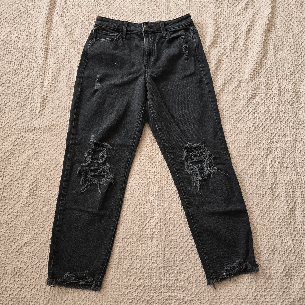 SO Women's Cotton High Rise Distressed Black Mom Jeans Size 5/27W